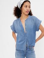 Denim Shirred Button-front Shirt With Washwell