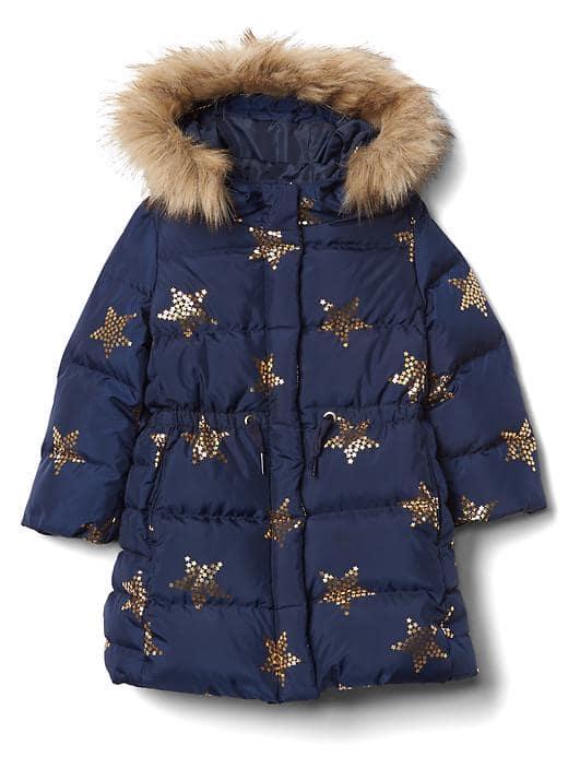 Gap Down Puffer Parka Coat - Navy Print