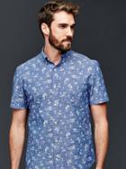 Gap Men Chambray Tropical Short Sleeve Standard Fit Shirt - Blue Chambray