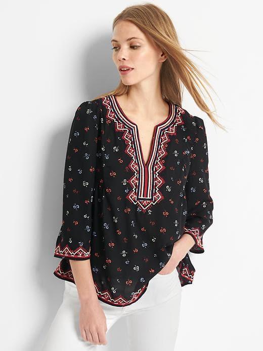 Gap Geo Trim Bell Sleeve Blouse - Black Floral