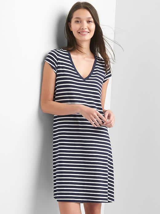 Gap Women Stripe V Neck T Shirt Dress - Navy Stripe