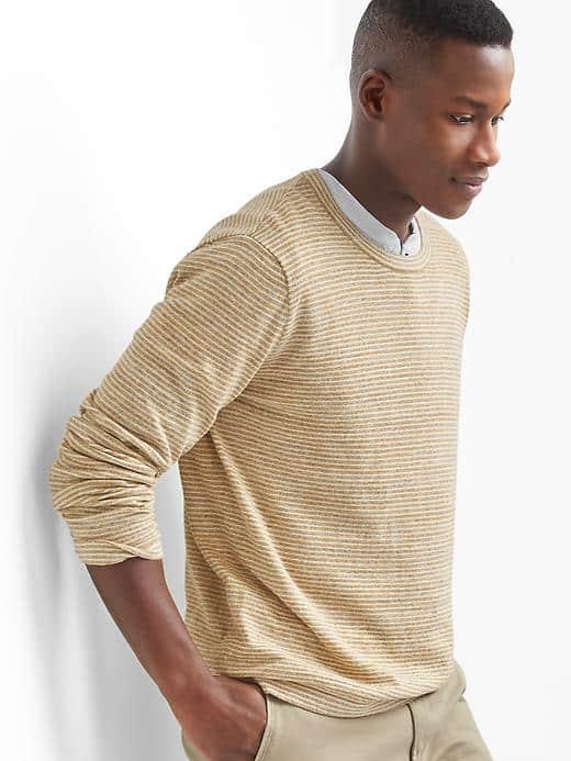 Gap Men Stripe Cotton Linen Crew Pullover - Camel