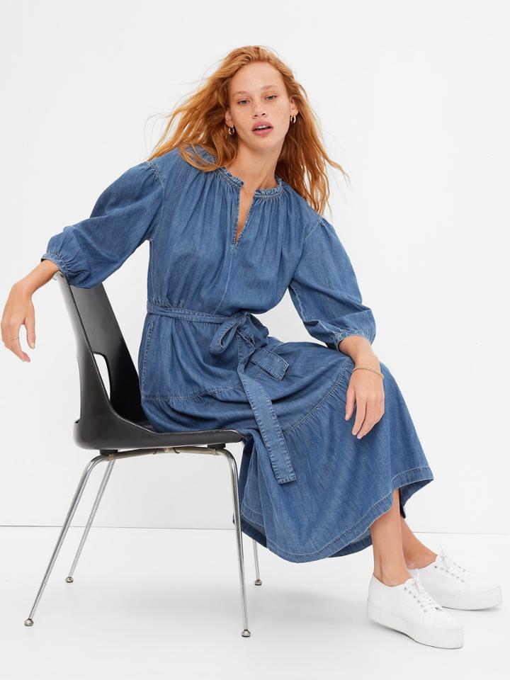 Puff Denim Tiered Midi Dress With Washwell