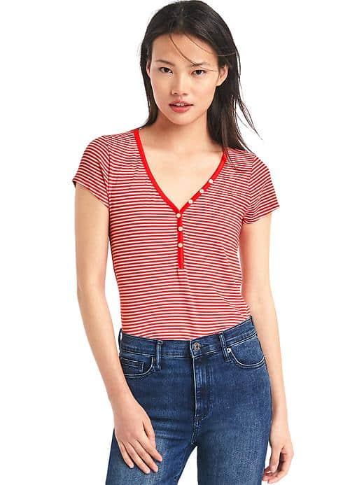 Gap Women Stripe Short Sleeve Feather Henley - Red Stripe