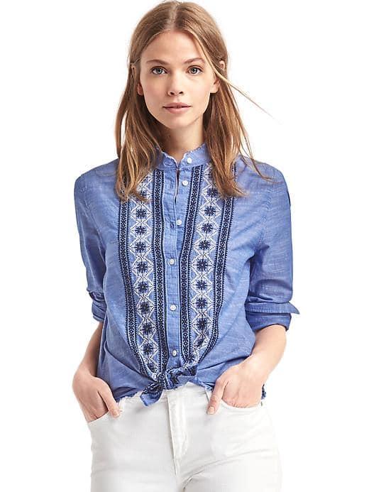 Gap Women New Fitted Boyfriend Embroidered Shirt - Blue