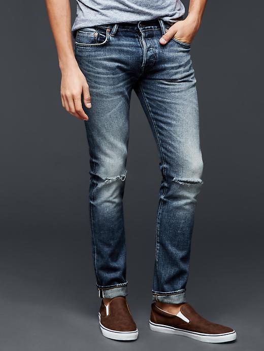 Gap Men 1969 Selvedge Stretch Skinny Fit Jeans Antique Indigo Destroy Wash - Antique Indigo Destroy