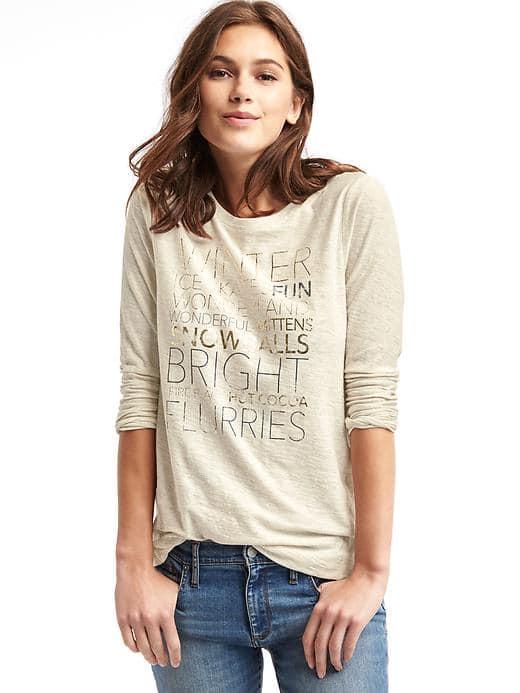 Gap Women Winter Graphic Long Sleeve Tee - Oatmeal Heather