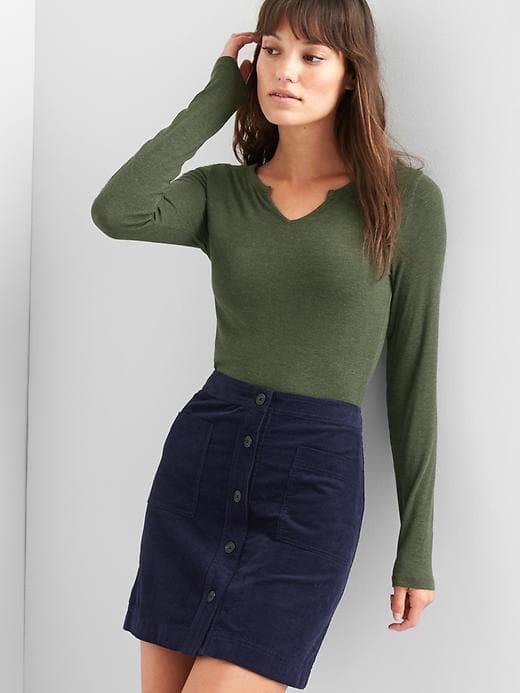 Gap Women Ribbed Split Neck Top - Green