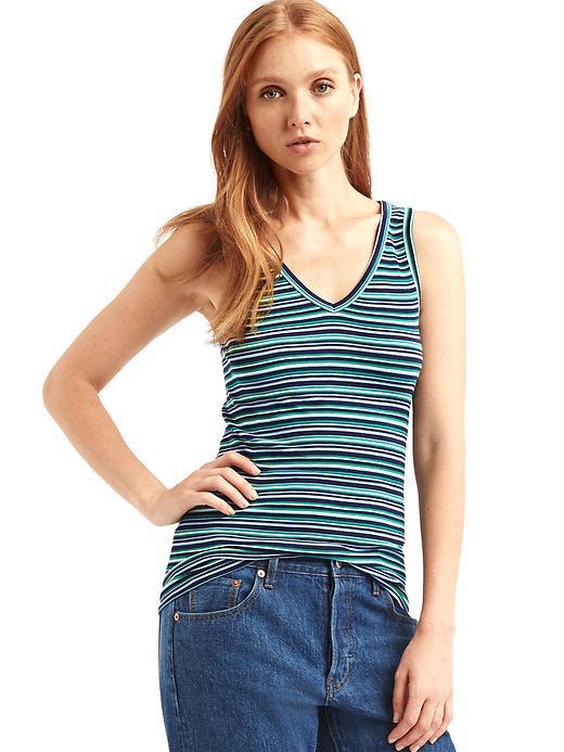 Gap Women Ribbed V Neck Stripe Tank - Green Stripe
