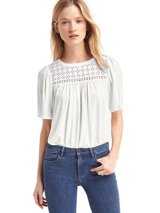 Gap Women Eyelet Lace Half Sleeve Tee - White