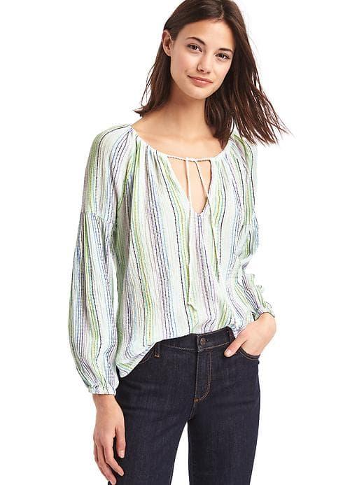 Gap Women Stripe Emboidered Split Neck Dobby Blouse - Blue Stripe
