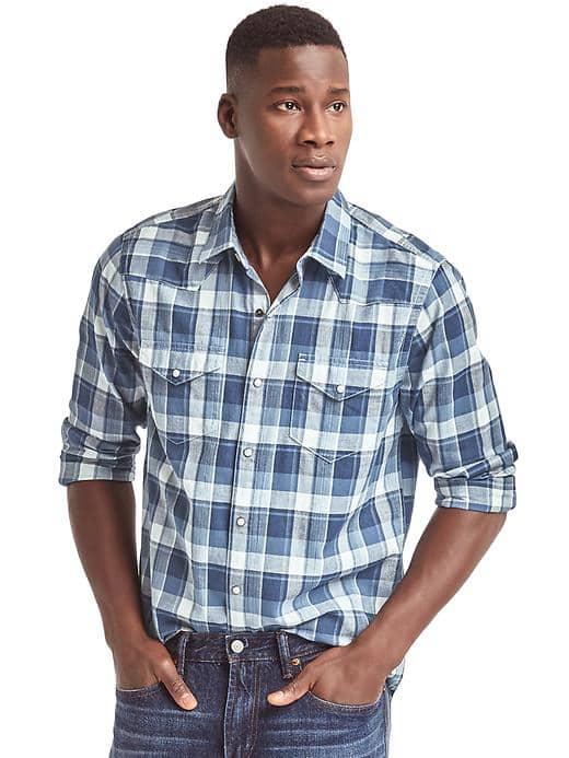 Gap Men Indigo Plaid Western Slim Fit Shirt - Elysian Blue