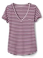 Gap V Neck Stripe Pocket Tee - Burgundy Stripe