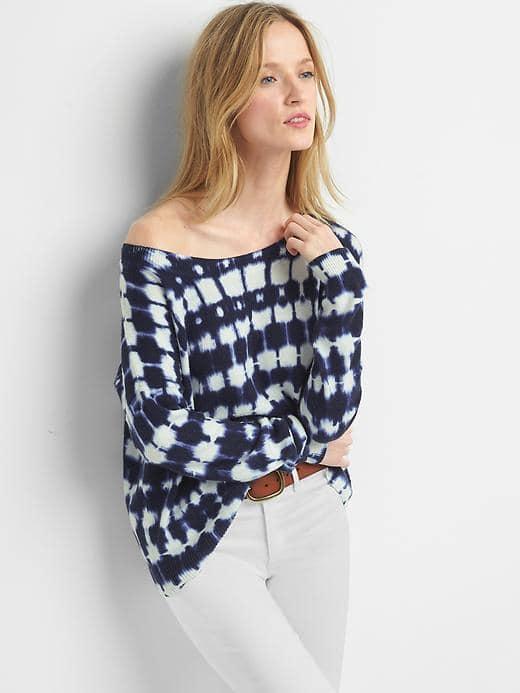 Gap Women Slouchy Print Boatneck Sweater - Navy Print