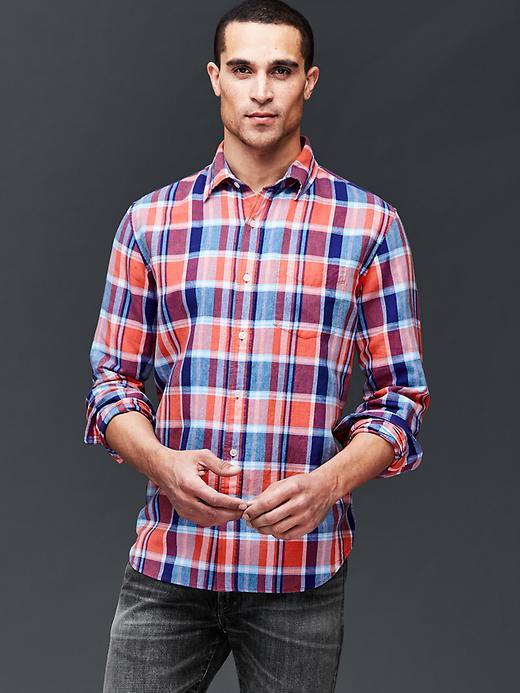 Gap Men Linen Cotton Plaid Standard Fit Shirt - Flamingo