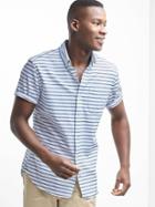Gap Men Oxford Stripe Standard Fit Short Sleeve Shirt - Navy