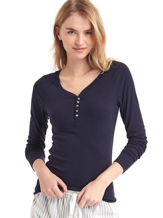 Gap Women Ribbed Long Sleeve Henley - Dark Indigo