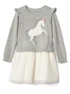 Gap Mix Fabric Unicorn Ruffle Dress - Gray Heather/white