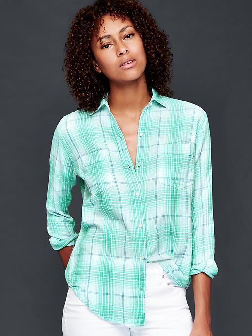 Gap Women Cotton Plaid Boyfriend Shirt - Teal Plaid