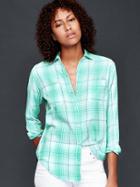 Gap Women Cotton Plaid Boyfriend Shirt - Teal Plaid