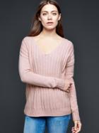 Gap Ribbed V Neck Pullover Sweater - Pink Heather