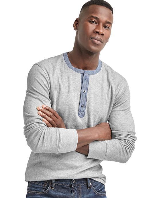 Gap Men Double Knit Textured Henley - New Heather Grey