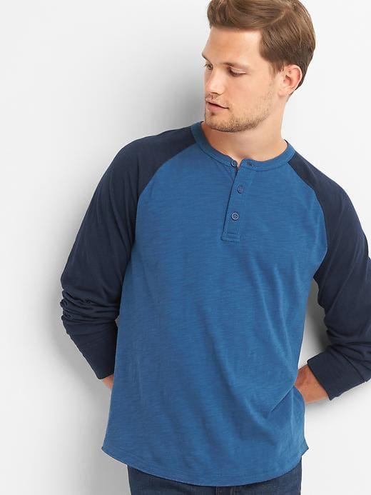 Gap Men Slub Baseball Henley - Blue Heather