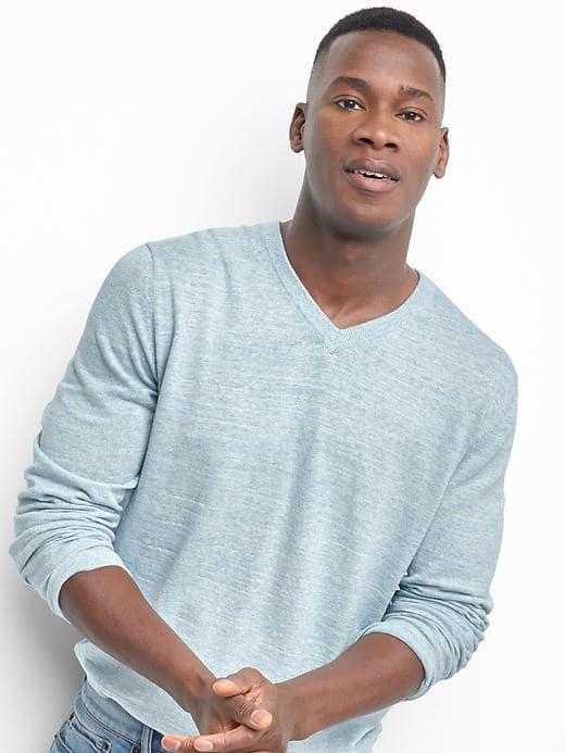 Gap Men Cotton Linen V Neck Pullover - Light Blue