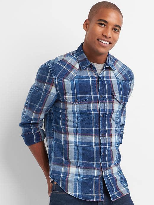 Gap Men Plaid Denim Western Slim Fit Shirt - Dark Indigo Plaid