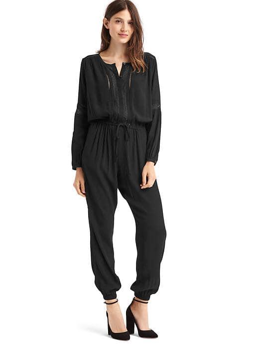 Gap Women Embroidered Trim Drawstring Jumpsuit - True Black