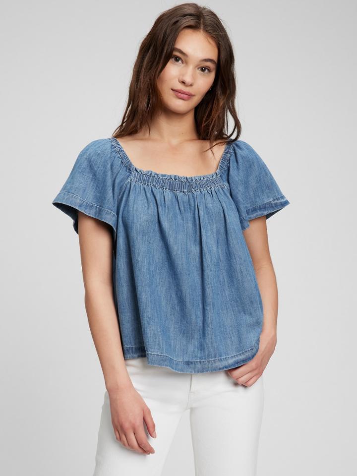 100% Organic Cotton Denim Flutter Sleeve Top With Washwell