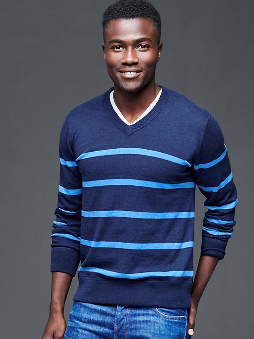 Gap Men Cotton Stripe V Neck Sweater - Blue Stripe