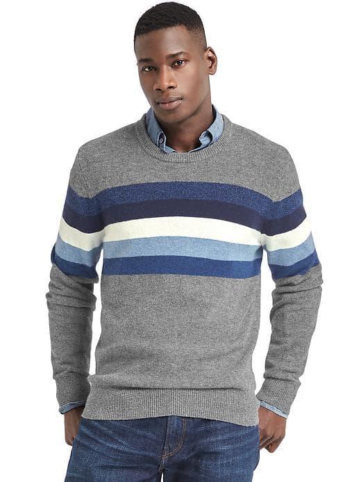 Gap Men Crazy Stripe Merino Crew Sweater - Light Gray