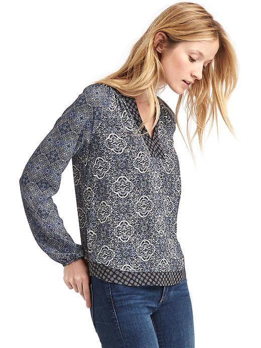 Gap Women Mix Print Split Neck Top - Navy