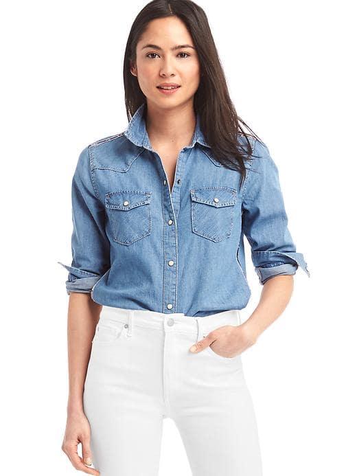 Gap Women Embroidery Stripe Denim Western Shirt - Medium Indigo