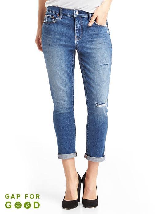 Gap Women Washwell Mid Rise Destructed Best Girlfriend Jeans - Dark Indigo