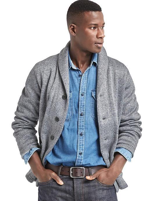 Gap Men Herringbone Shawl Collar Cardigan - Light Grey Marle