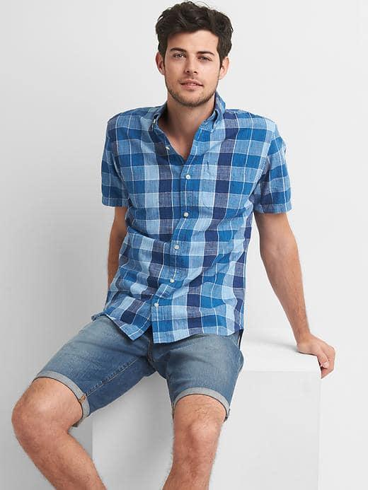 Gap Men Dobby Buffalo Plaid Short Sleeve Shirt - Blue Plaid