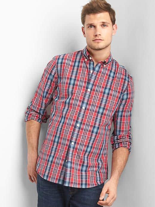 Gap Men True Wash Poplin Plaid Slim Fit Shirt - Weathered Red