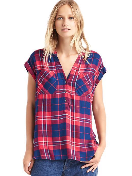 Gap Women Soft Plaid Popover - Blue & Coral Plaid