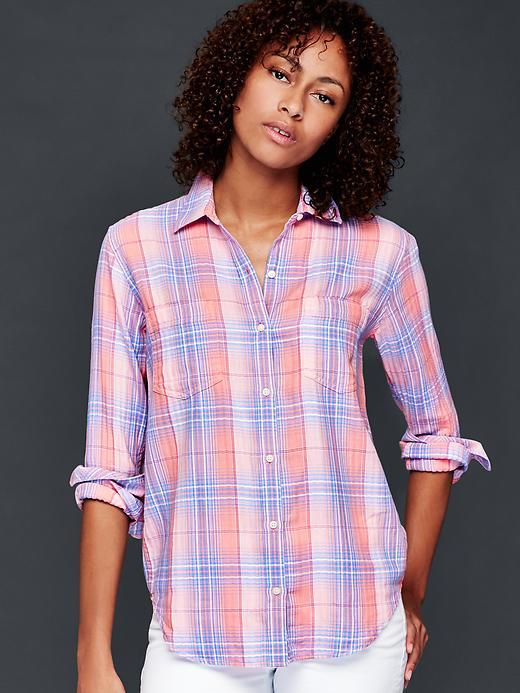Gap Women Cotton Plaid Boyfriend Shirt - Pink Plaid