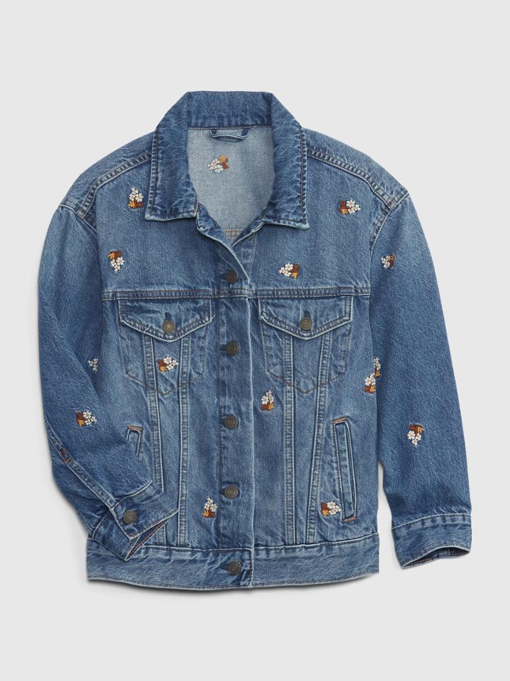 Kids Oversized Embroidered Denim Jacket With Washwell