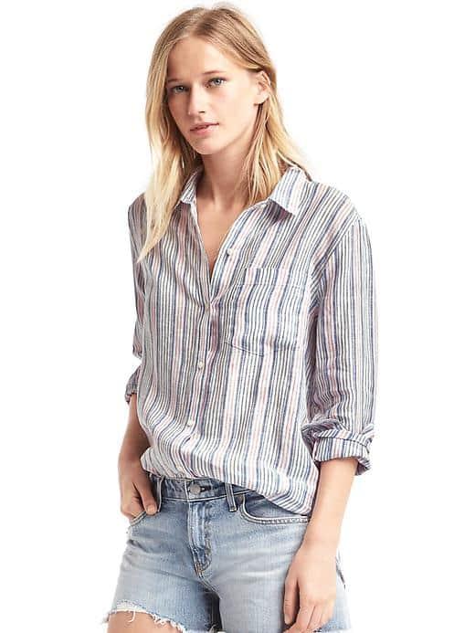 Gap Women Linen Oversize Boyfriend Shirt - Indigo & Pink Stripe