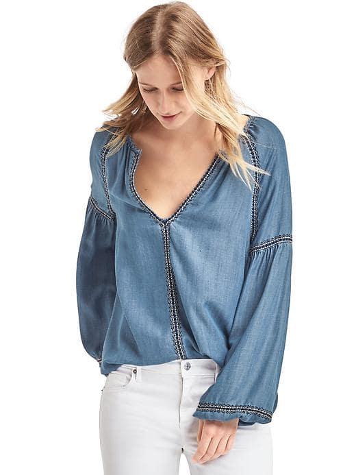 Gap Women 1969 Tencel Denim Embroidered Blouse - Light Indigo