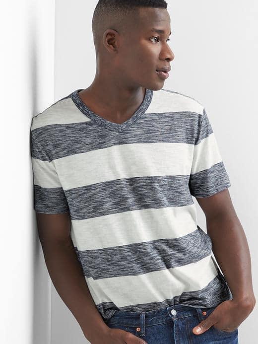 Gap Men Rugby Stripe V Neck Slub Tee - Dark Night