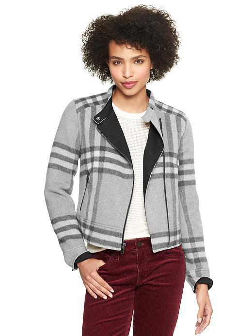Gap Cropped Plaid Moto Jacket - Gray Plaid