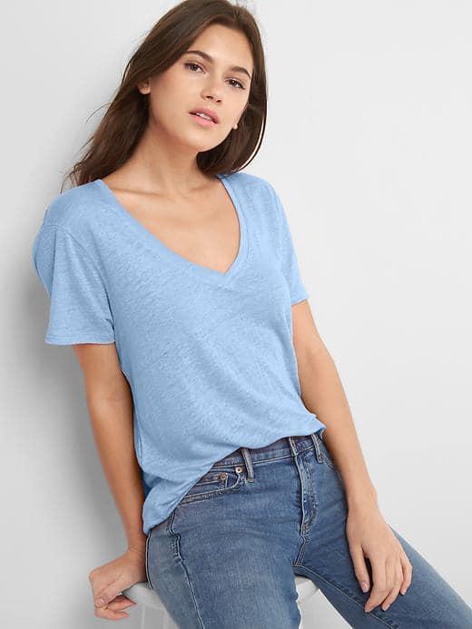 Gap Women Linen V Neck Tee - Blue Crystal