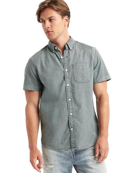 Gap Men Oxford Chambray Short Sleeve Standard Fit Shirt - Pilot Grey
