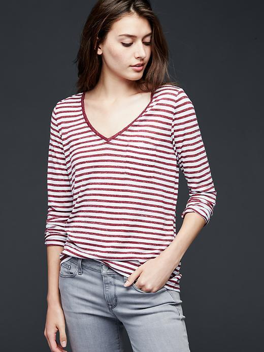 Gap Women Long Sleeve Stripe V Neck Pocket Tee - Pink Stripe