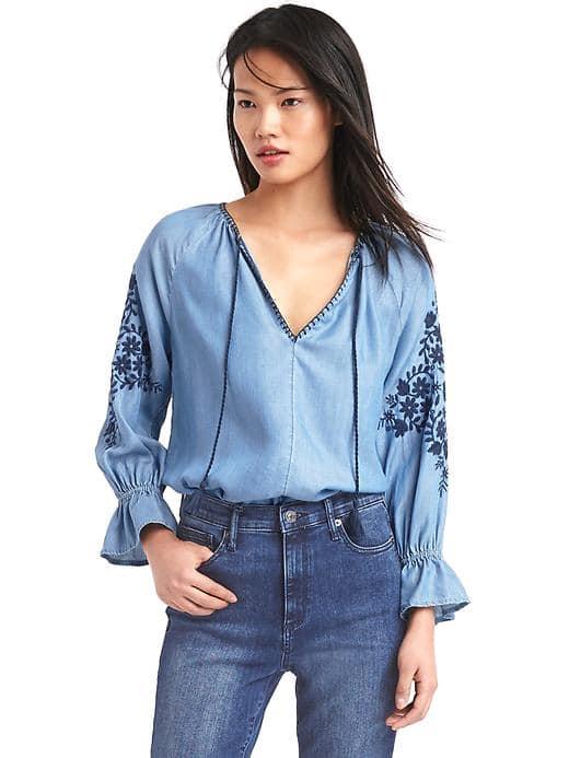 Gap Women Tencel Denim Embroidered Top - Light Indigo